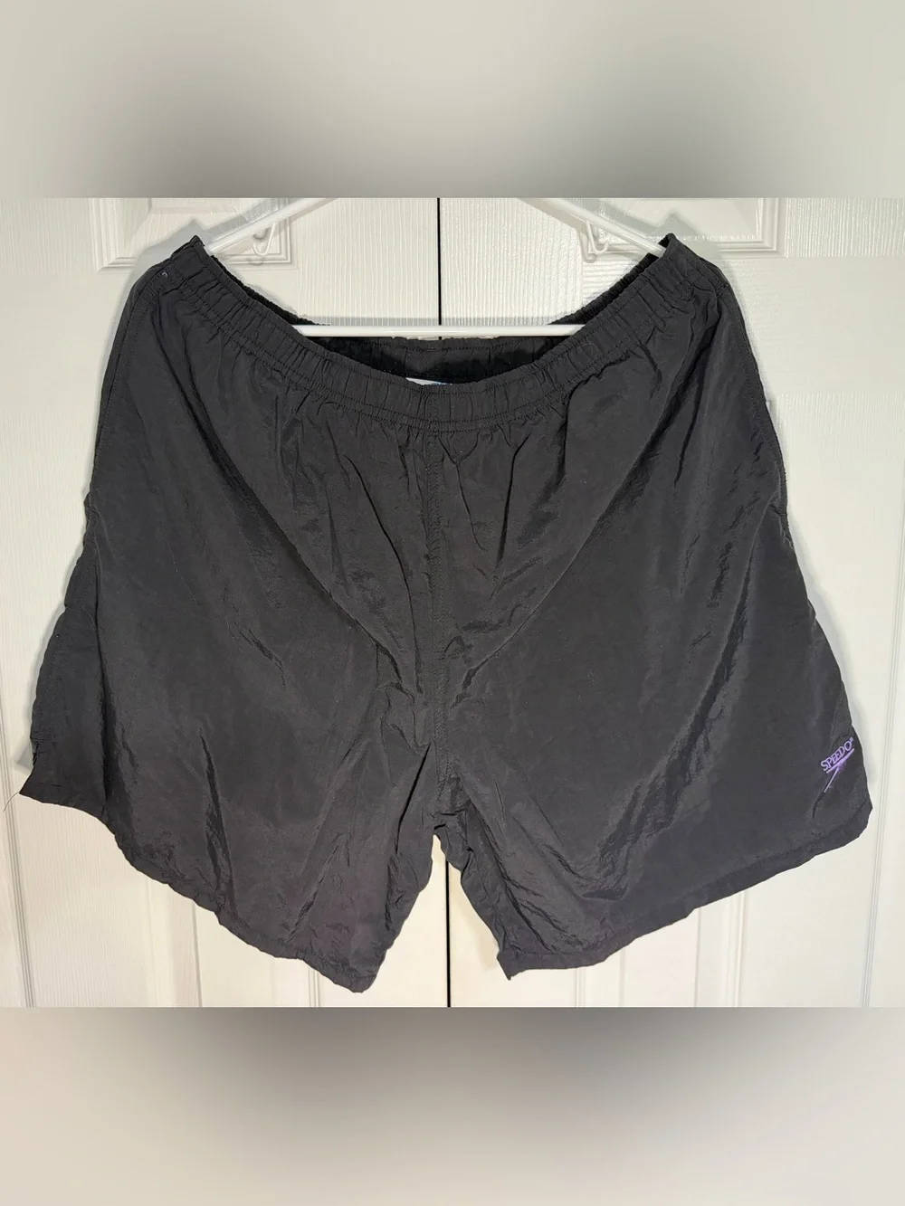 Vintage 90s Retro Speedo Black Swim Trunks with Purple Logo Accent